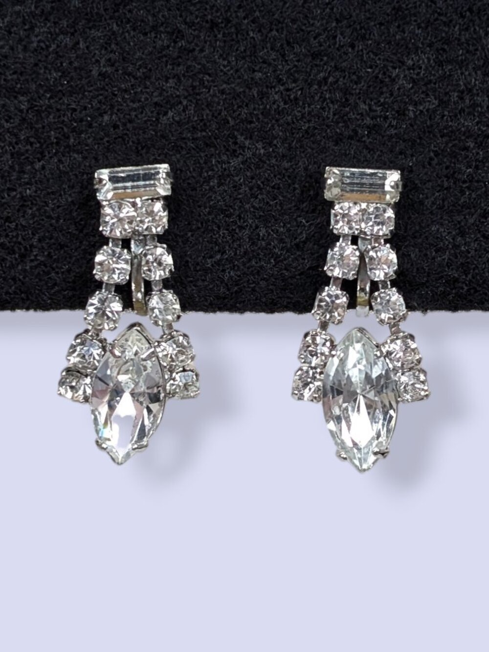 Vintage White Rhinestone Navette Accent Earrings